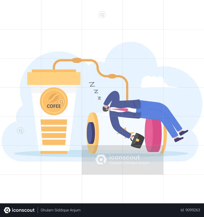 Tired sleepy businessman low battery charger with coffee  Illustration