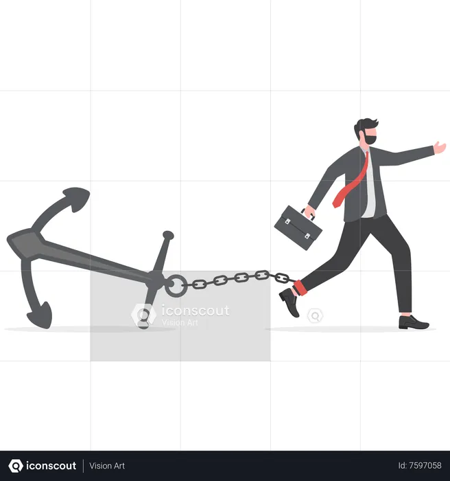 Tired stress businessman trying hard to run forward with heavy anchor  Illustration