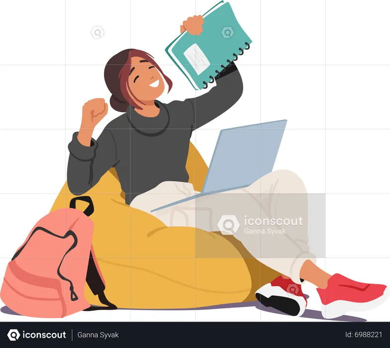 Tired Student  Sitting With Her Laptop And Books  Illustration