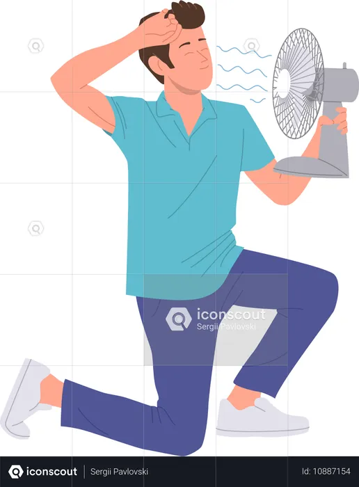 Tired sweaty man cooling down with air blower fan  Illustration