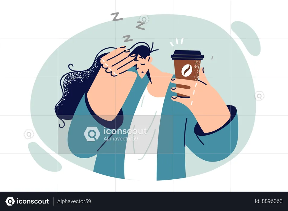 Tired woman drinks coffee to get rid of drowsiness and energize drink containing caffeine or taurine  Illustration