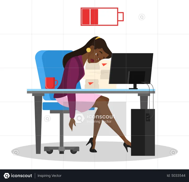 Tired woman sitting in office at the table  Illustration