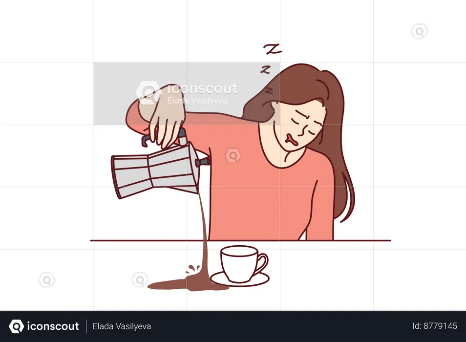 Tired woman spills coffee  Illustration