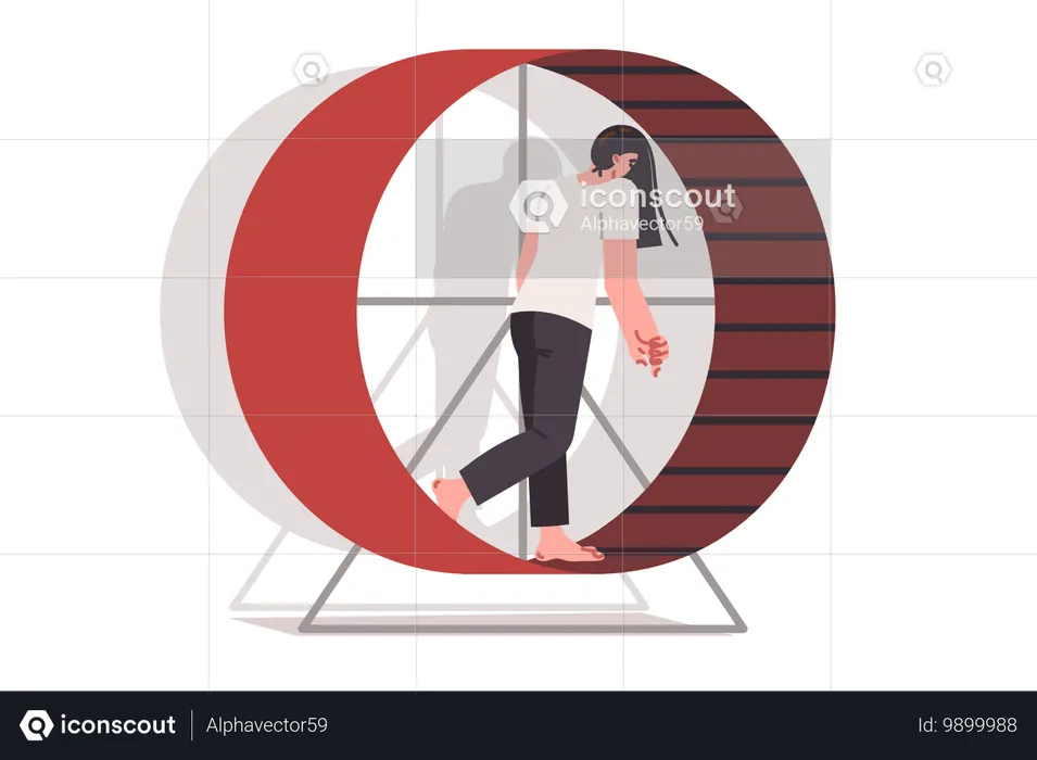 Tired woman walks on hamster wheel feeling burnout and frustration due to overwork  Illustration