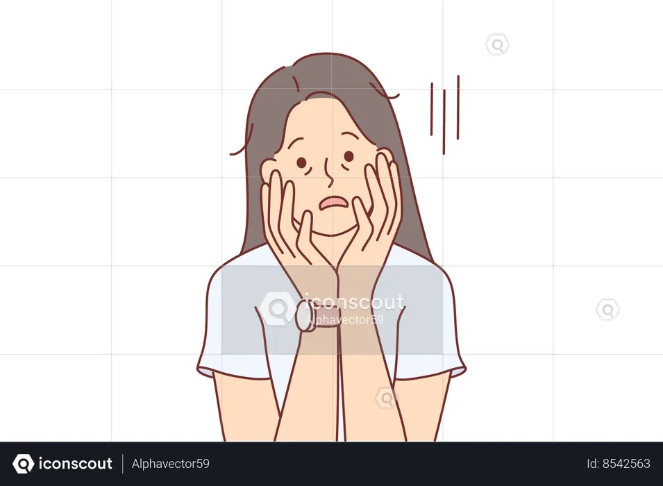 Tired woman with exhausted appearance touches face with hands  Illustration