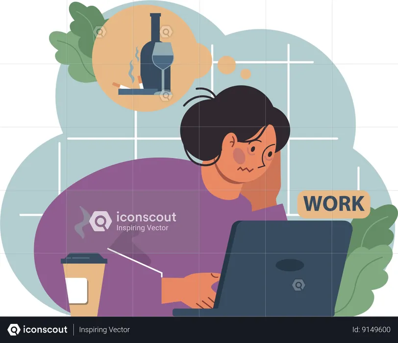 Tired worker drinks alcohol  Illustration