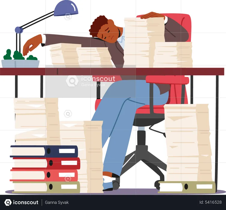 Tired Worker Sleep On Office Desk With Paper Piles  Illustration