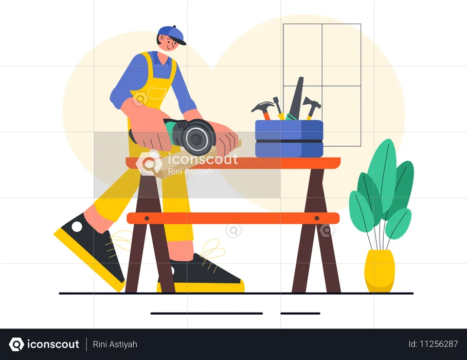 Tischler bei der Arbeit in der Werkstatt  Illustration