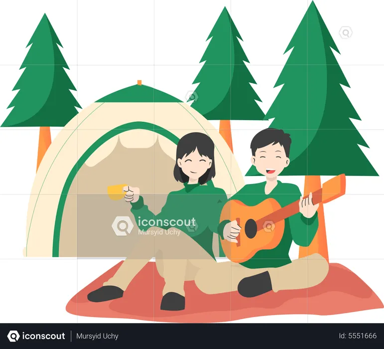 Tocar la guitarra al acampar  Ilustración