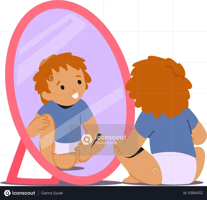 Toddler sitting on floor gazing into a mirror  Illustration