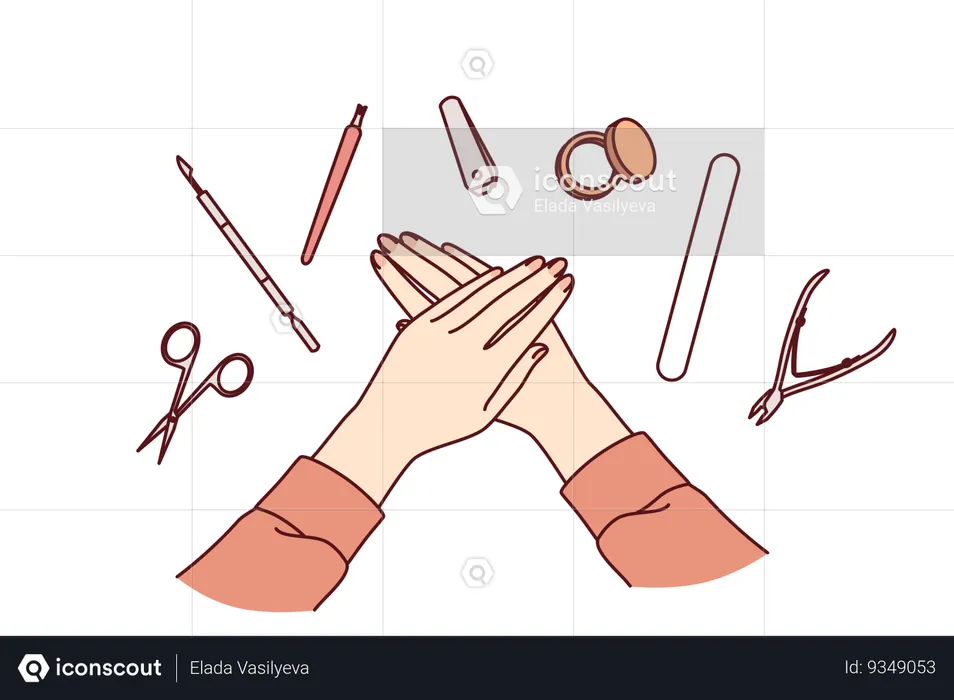 Tools for manicure around hands of woman with nails in need of polishing or removing cuticles  Illustration