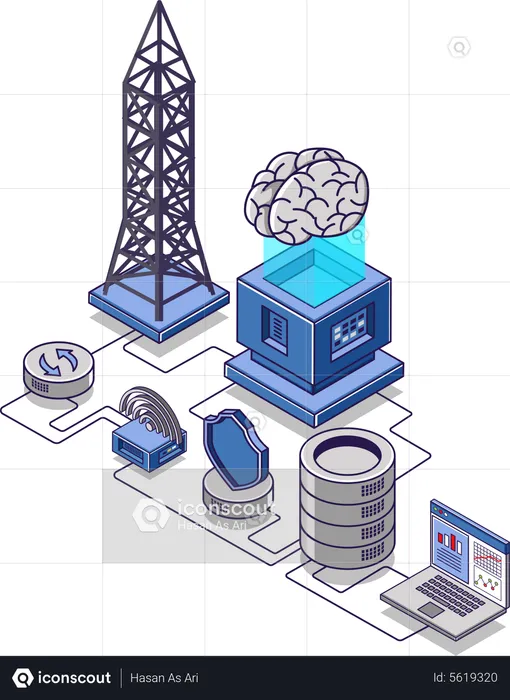 Torre de radar de red de Internet y servidor de datos  Ilustración