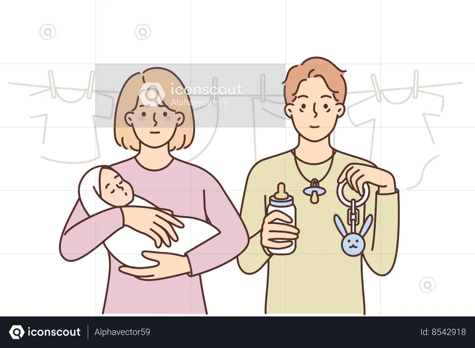 Tortured newborn with newborn child are raising son and feel tired  Illustration