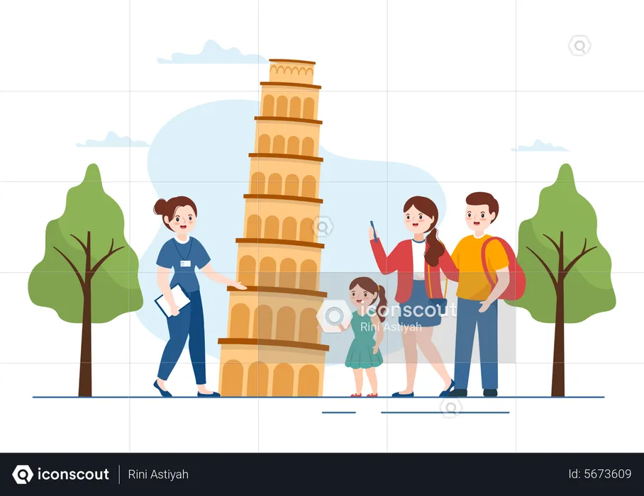 Tour guide guiding tourist at leaning tower of pisa  Illustration