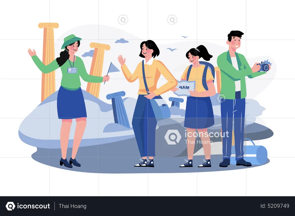 Tour guide lady and group of tourists  Illustration