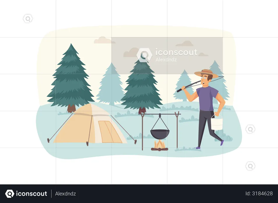 Tourist cooking food in campfire at summer camp  Illustration