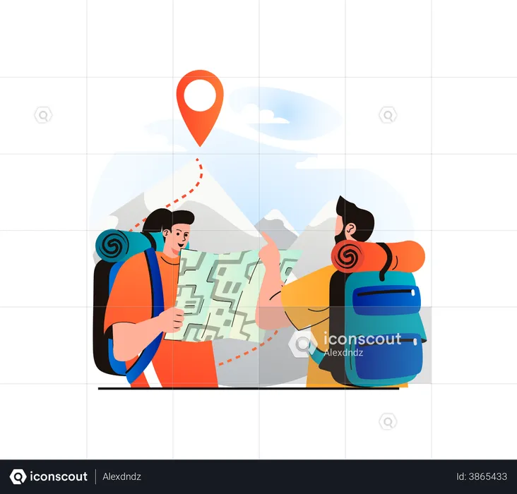 Tourist couple getting directions through map  Illustration