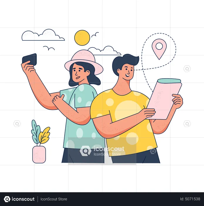 Tourist couple looking for next place to visit  Illustration
