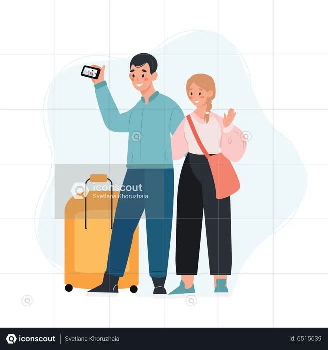 Tourist couple taking selfie  Illustration