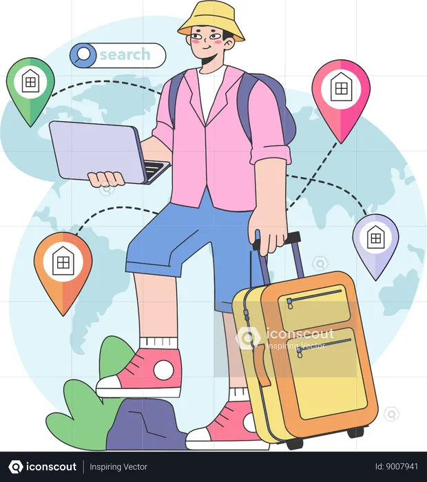 Tourist holding laptop while finding home location  Illustration