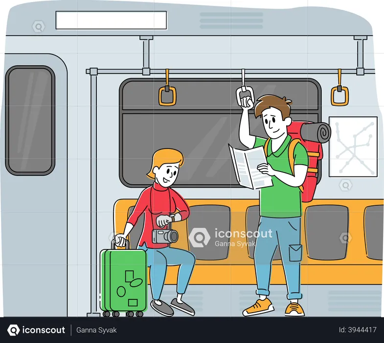 Tourist mit Gepäck und Karte in der U-Bahn  Illustration