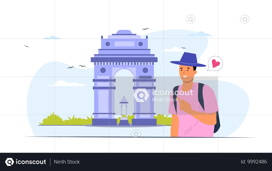 Tourist pointing India gate  Illustration