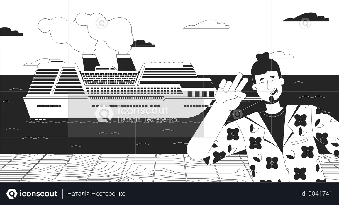 Tourist posing in front of cruise ship  Illustration