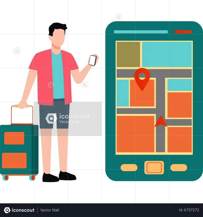 Tourist searching location on mobile map  Illustration