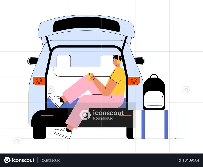 Tourist sitting in car boot space  Illustration