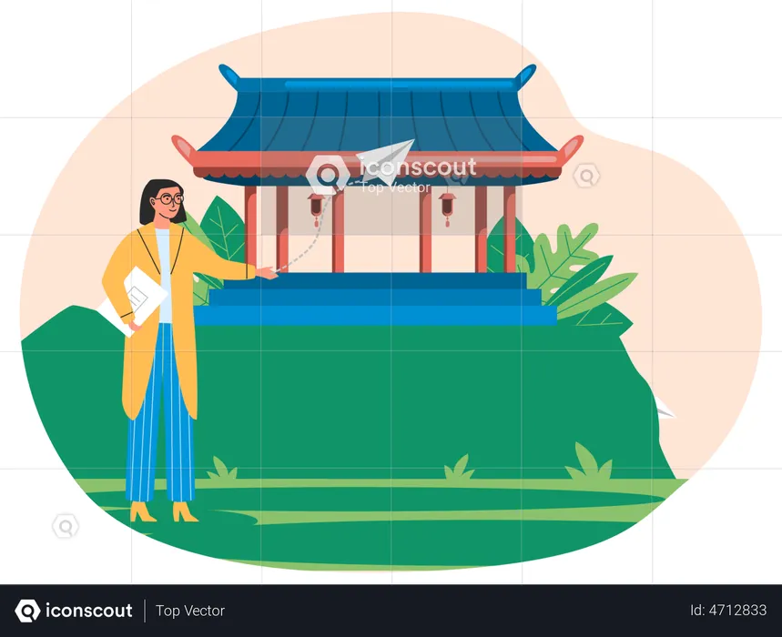 Tourist stands next to wooden temple  Illustration