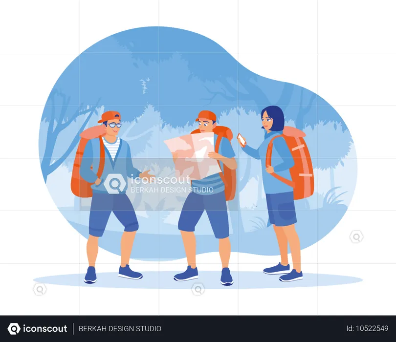 Tourist travels in forest with map while carrying backpacks containing necessities to spend night in forest  Illustration