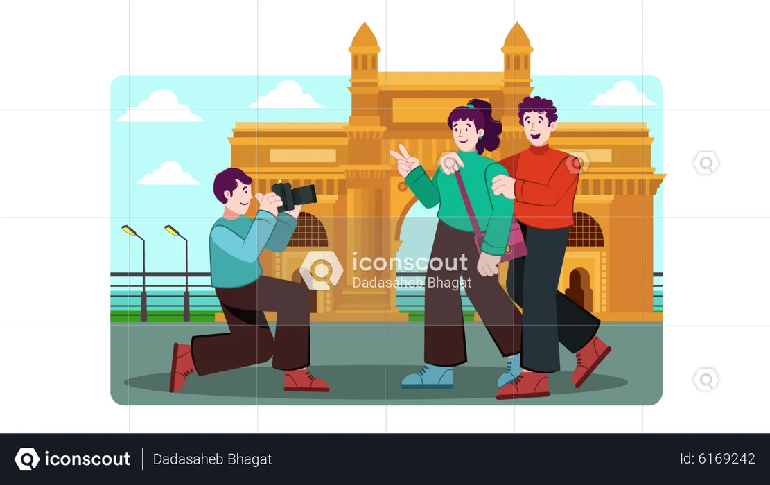 Tourist visiting india gate  Illustration