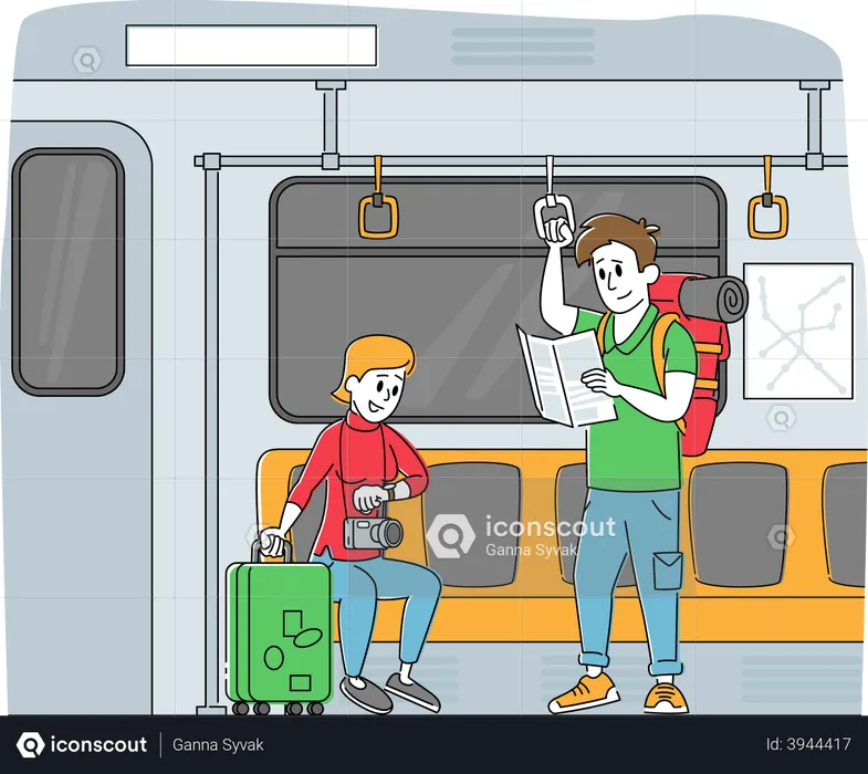 Tourist with Luggage and Using Map in Subway Train  Illustration
