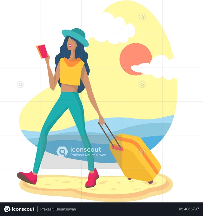 Tourist with Luggage on beach  Illustration