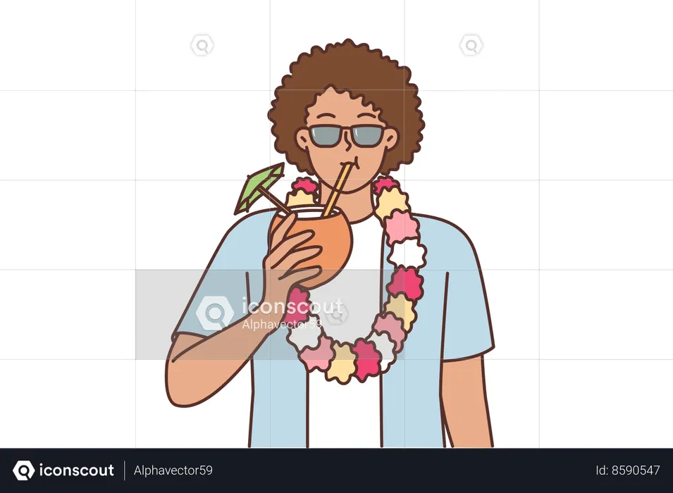 Un touriste de l’île d’Hawaï boit de l’eau de coco  Illustration