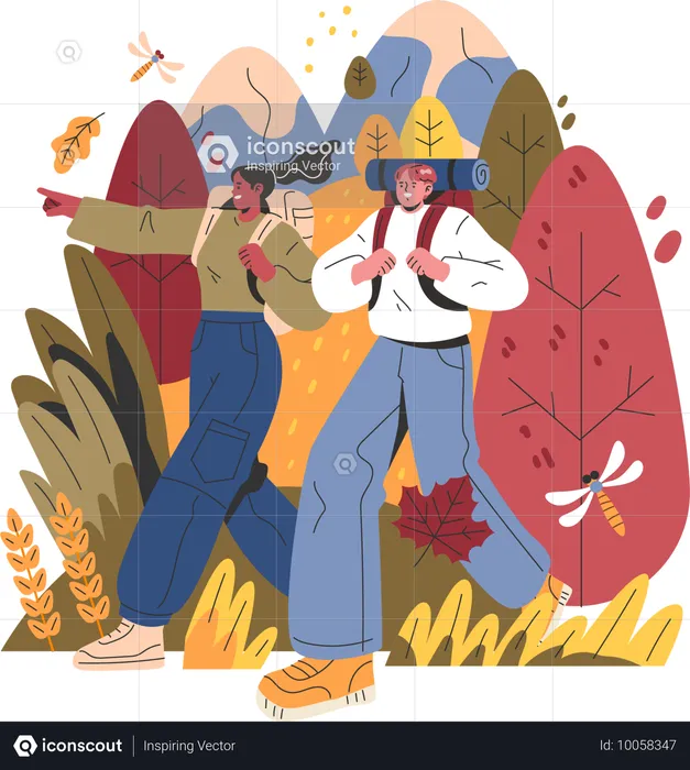 Les touristes se rendent dans la forêt pour admirer la saison d'automne  Illustration