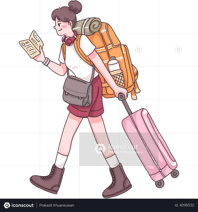 Touristin zu Fuß mit Koffer  Illustration