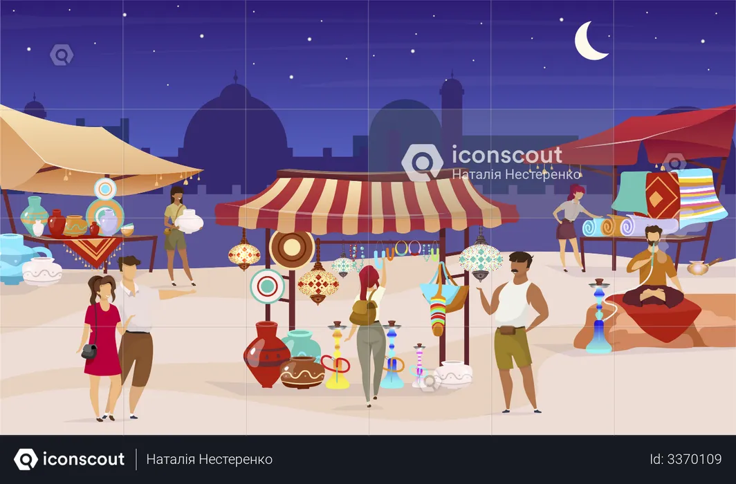 Tourists at night turkish bazaar  Illustration