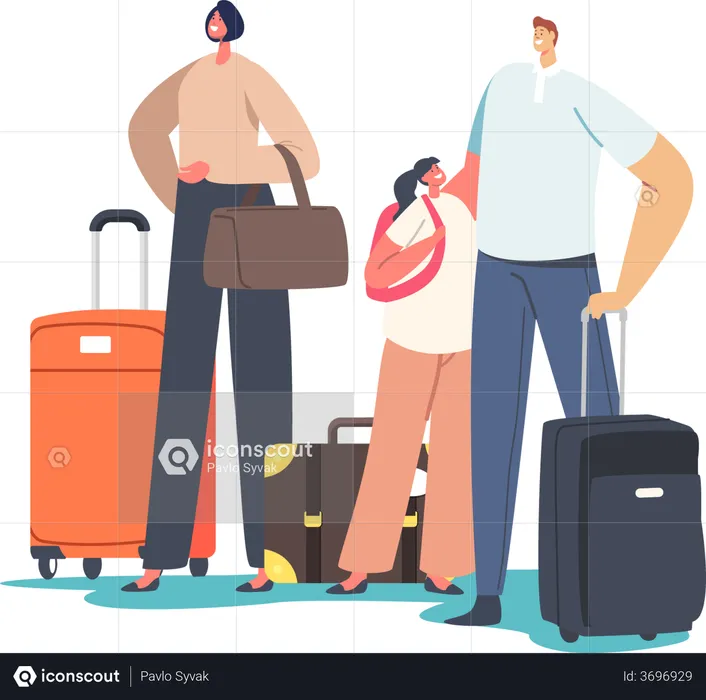 Tourists Family with Child Holding Suit Cases  Illustration
