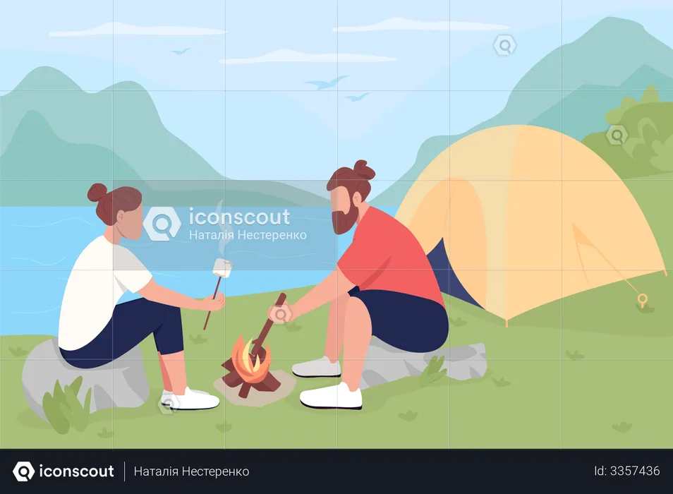 Tourists roasting marshmallows on bonfire  Illustration