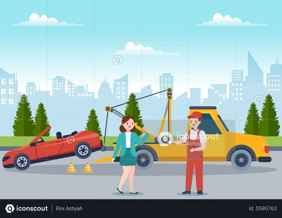 Towing Car Using Truck with Roadside Assistance Service  Illustration