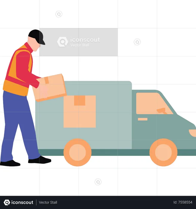 Trabajador cargando paquetes en camión  Ilustración