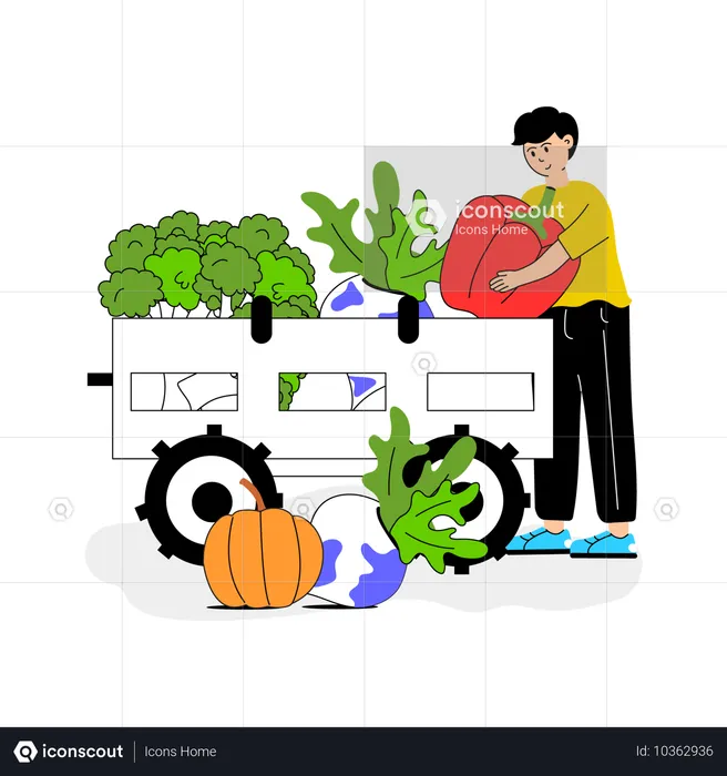 Trabajador cargando verduras recién cosechadas en un vehículo  Ilustración