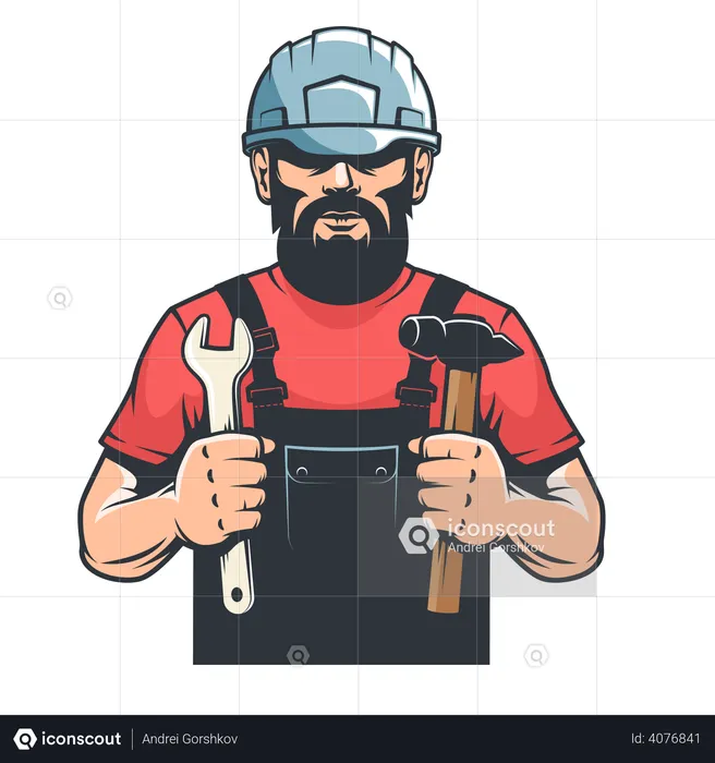 Trabajador con casco mecánico sostiene un martillo y una llave inglesa  Ilustración