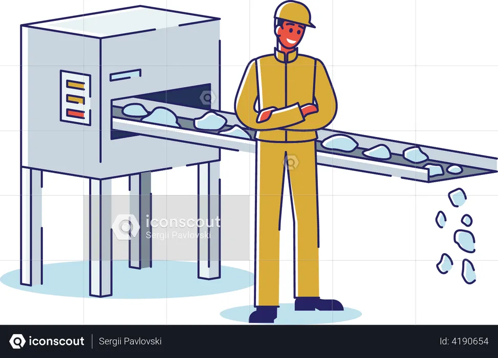 El trabajador controla la calidad y el proceso de suministro de mineral de hierro mediante transportador  Illustration