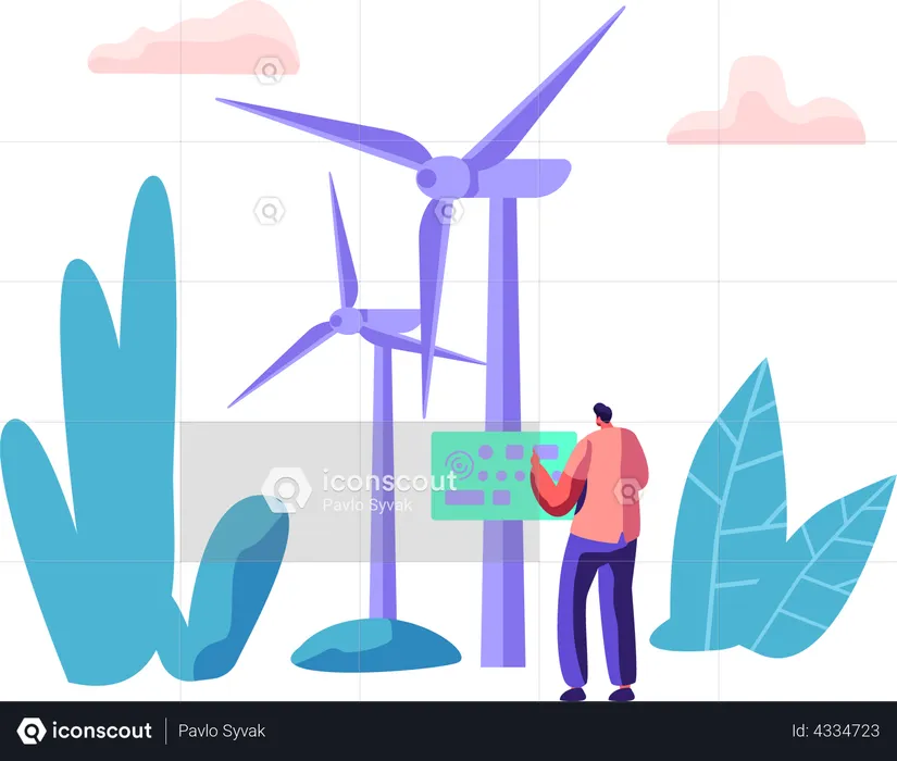 Trabajador de campo de energía eólica y energía sostenible  Ilustración