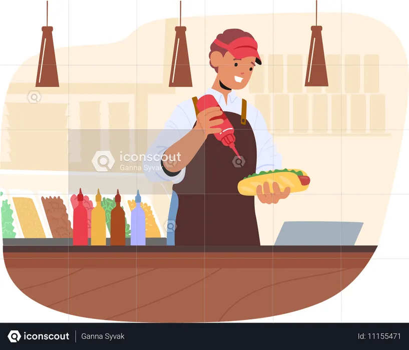 Trabajador de comida rápida preparando un hot dog detrás del mostrador  Ilustración