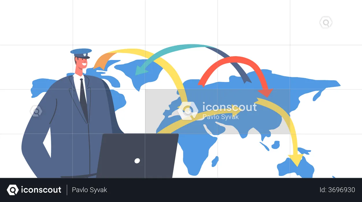 Carácter del trabajador de control de pasaportes en uniforme verificar documentos de turistas en el aeropuerto  Illustration