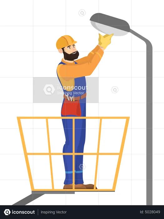 Trabajador de electricidad en la farola de reparación uniforme  Ilustración