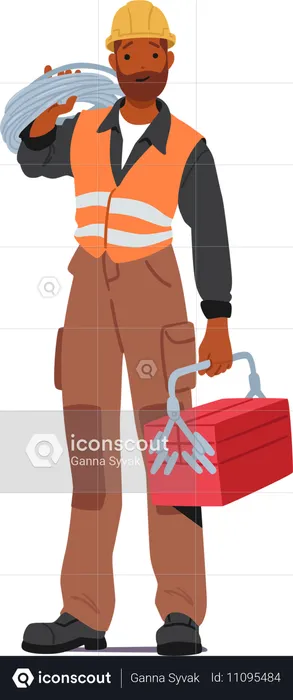 Trabajador de la construcción en uniforme de pie mientras sostiene una caja de herramientas en la mano y cables en el hombro  Ilustración